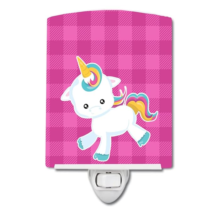 Caroline's Treasures BB6807CNL Pink Plaid Unicorn Ceramic Night Light Compact, UL-Certified, Ideal for Bedroom, Bathroom, Nursery, Hallway, Kitchen, 6x4x3, Multicolor