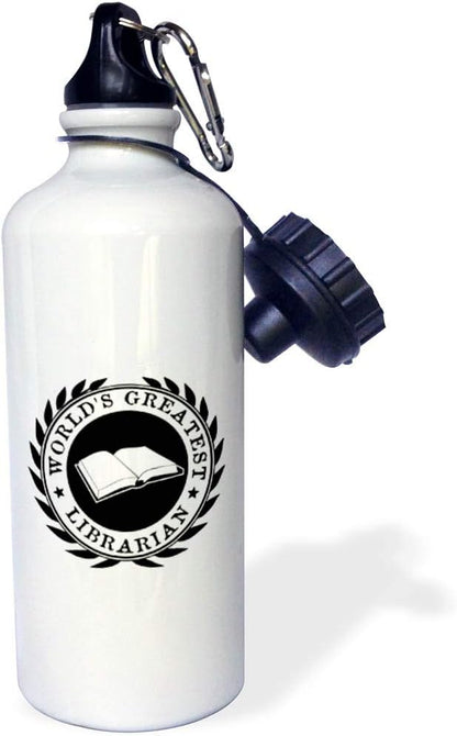 3dRose "Worlds Greatest Librarian award. Job pride. Black white badge graphic" Sports Water Bottle, 21 oz, White
