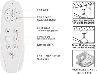 42-Inch White Ceiling Fan with Light - Remote Control, 3 Color Changing, Dimmable, Reverse Rotation - Quiet, 6 Speeds - Ideal for Living Room, Bedroom, Balcony