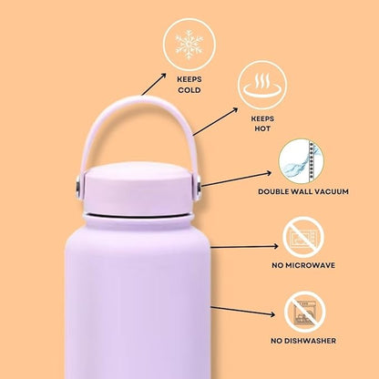 32 OZ Double Wall Stainless Steel Vacuum Bottle Insulated Water Bottles Outdoor Sports Bottle with Handle Lid, Spill-Proof, Hike, School, Hydration, Ivory, Black, Pale Green, Lavender (Lavender)