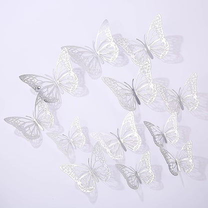 3D Butterfly Wall Decor 48 Pcs 4 Styles 4 Colors 3 Sizes,Gold Silver Laser Rose Butterfly Decorations for Butterfly Birthday Decorations Butterfly Party Decorations Cake Decorations,Removable Sticker