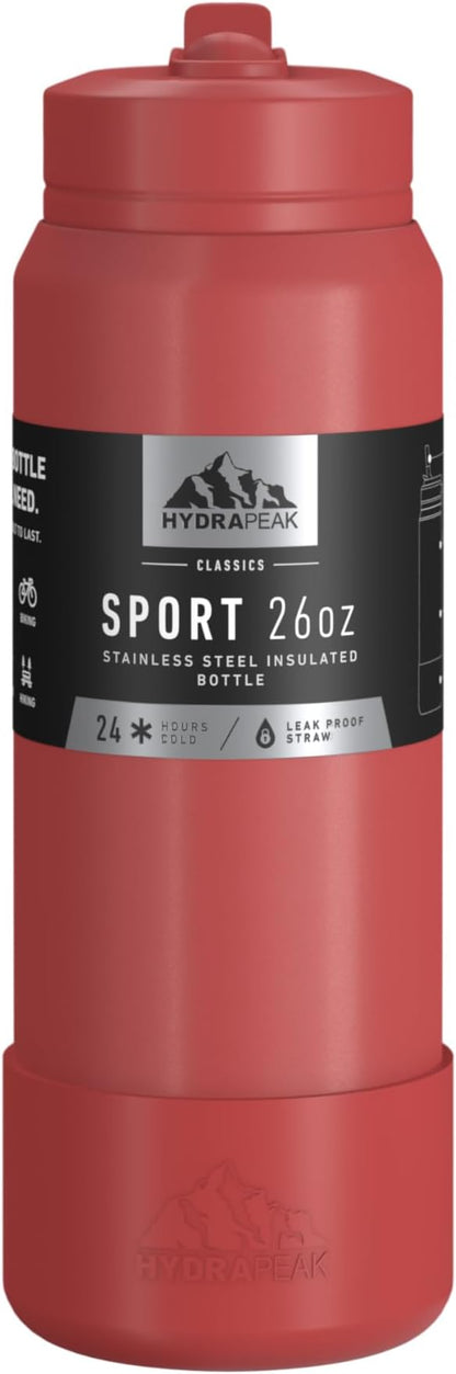 Hydrapeak 26oz Sport Insulated Water Bottle with Straw or Chug Lid, Leak & Spill Proof, Keeps Drinks Cold for 24 Hours, Hot for 12 Hours, Premium Stainless Steel Water Bottles (26oz, Faded Red)
