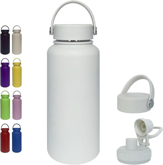 32oz Insulated Water Bottle ，Stainless Steel Sports Water Cup Flask with 2 Lids, Wide Mouth Travel Thermal Mug,Outdoor Sports Bottle（white）