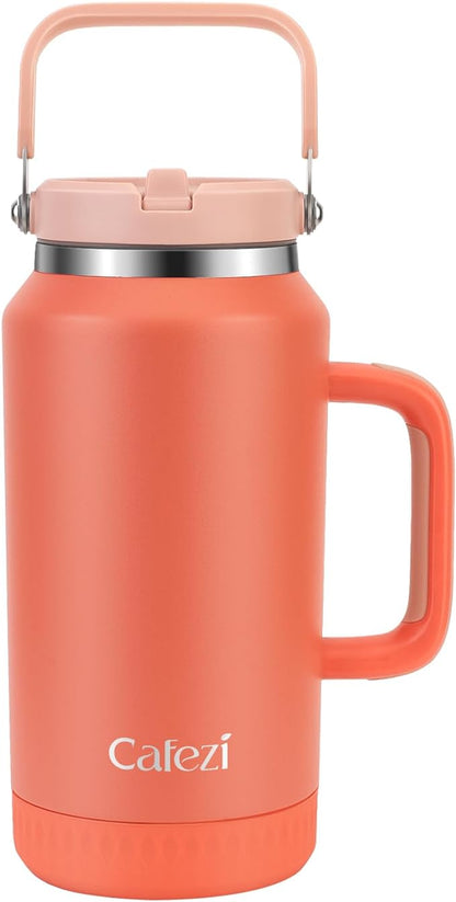 64oz Stainless Steel Water Bottle with Flip Straw - Leak-Proof, Sweat-Free, Top and Side Handle, Anti-Slip Base, Iced for 34 Hours, Dishwasher Safe - Water Jug for Sports Events, Beach Days