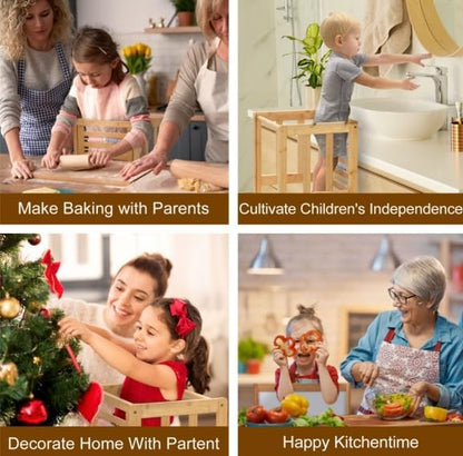 COSYLAND Kids Kitchen Step Stool，Toddler Standing Tower with CPC Certification, Removable Anti-Drop Railing Safety Rail Enjoys Unique Patented Design A Anti-tip Structure More Stable, Natural Bamboo