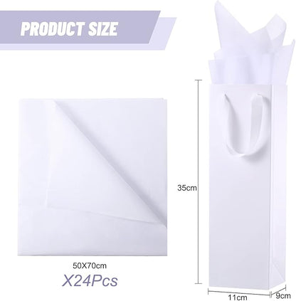 24 Pieces Christmas Kraft Wine Bag Paper Wine Bag, Wine Bottle Bag Holder with Handles with Kraft Tissue Paper Retail Wine Bag Bulk for Wedding Party, 4 x 3.5 x 14 Inch(White)