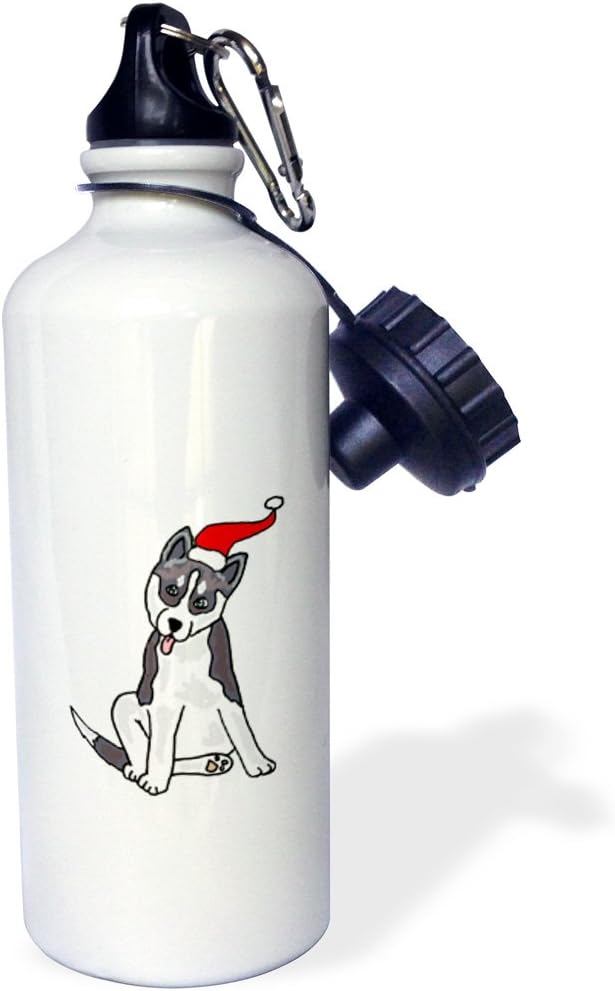 3dRose "Funny Grey Siberian Husky Dog in Santa Hat Christmas Art" Sports Water Bottle, 21 oz, White