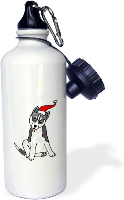 3dRose "Funny Grey Siberian Husky Dog in Santa Hat Christmas Art" Sports Water Bottle, 21 oz, White