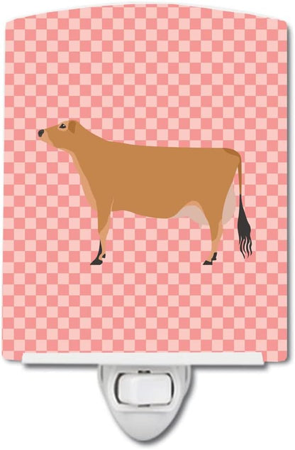 Caroline's Treasures BB7829CNL Jersey Cow Pink Check Ceramic Night Light Compact, UL-Certified, Ideal for Bedroom, Bathroom, Nursery, Hallway, Kitchen, 6x4x3, Multicolor