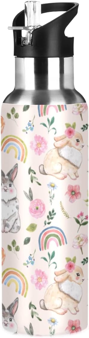 MNSRUU Insulated Water Bottle with Straw, Rainbow and Unicorns Stainless Steel Flasks for Sports Cycling Hiking School