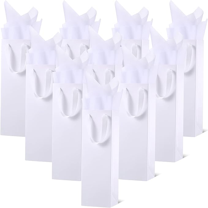 24 Pieces Christmas Kraft Wine Bag Paper Wine Bag, Wine Bottle Bag Holder with Handles with Kraft Tissue Paper Retail Wine Bag Bulk for Wedding Party, 4 x 3.5 x 14 Inch(White)