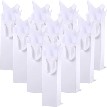 24 Pieces Christmas Kraft Wine Bag Paper Wine Bag, Wine Bottle Bag Holder with Handles with Kraft Tissue Paper Retail Wine Bag Bulk for Wedding Party, 4 x 3.5 x 14 Inch(White)