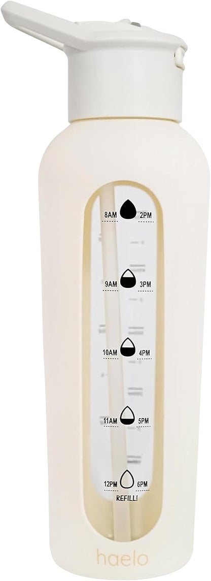 24oz Glass Motivational Water Bottle with Flip Lid Straw, Silicone Protective Sleeve, Handle, Reusable BPA Free (Dune)