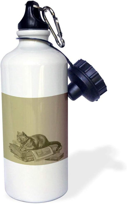 3dRose "Cat on Books pets animal art" Sports Water Bottle, 21 oz, White