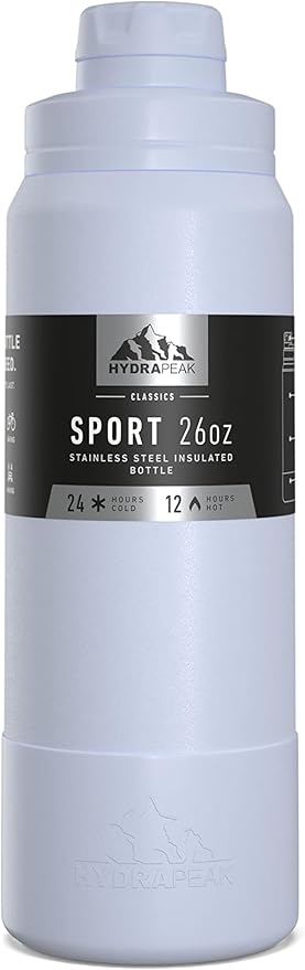 Hydrapeak 26oz Sport Insulated Water Bottle with Chug Lid, Leak & Spill Proof, Keeps Drinks Cold for 24 Hours, Hot for 12 Hours, Premium Stainless Steel Water Bottles (26oz, Ice)
