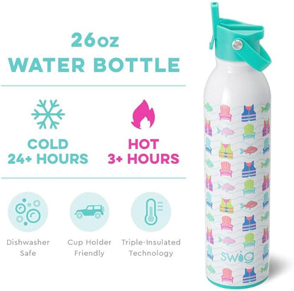 Swig Life 26oz Insulated Water Bottle with Straw & Flip + Sip Handle | Leak Proof, Dishwasher Safe, Cup Holder Friendly, Stainless Steel Water Bottle (Lake Girl)