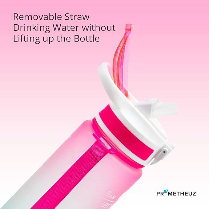 PROMETHEUZ Sports Water Intake Reminder Bottle with Time Marker and Straw, Leakproof Tritan BPA-Free, Fast Flow, Dark Pink Purple Mint, 32 oz