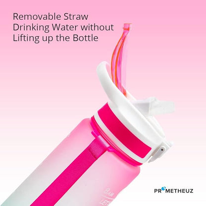 PROMETHEUZ Sports Water Intake Reminder Bottle with Time Marker and Straw, Leakproof Tritan BPA-Free, Fast Flow, Dark Pink Purple Mint, 32 oz