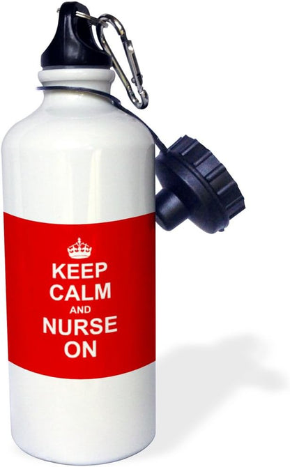 3dRose Keep Calm and Nurse on-Red Carry on Nursing-Nurses Day Gifts Fun Funny Job Humor Modern Stylish Sports Water Bottle, 21 oz, White