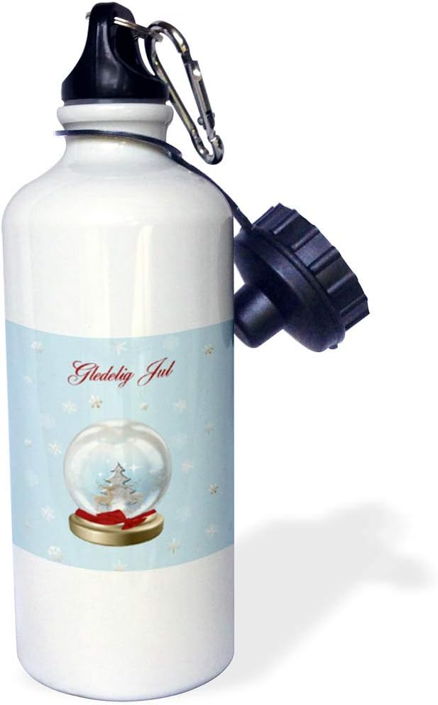 3dRose "Snow Globe Deer, Tree and Snowflakes, Merry Christmas in Norwegian" Sports Water Bottle, 21 oz, White