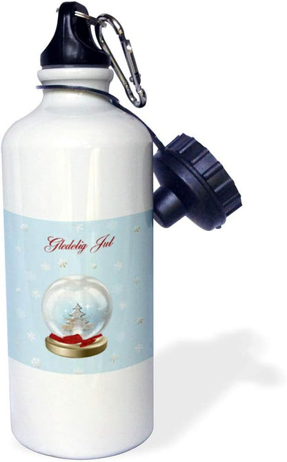 3dRose "Snow Globe Deer, Tree and Snowflakes, Merry Christmas in Norwegian" Sports Water Bottle, 21 oz, White