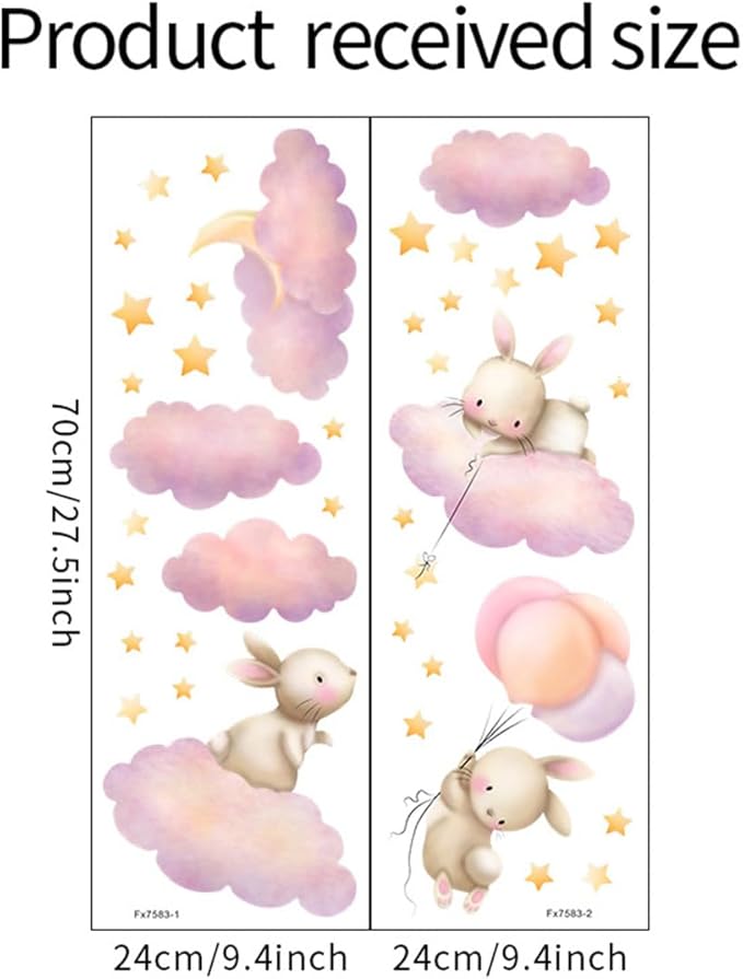 Rabbit Cloud Star Wall Stickers for Bedroom Girls Room Bunny Moon and Stars Nursery Decor Wall Decal