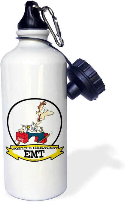 3dRose "Funny Worlds Greatest Emt Cartoon" Sports Water Bottle, 21 oz, White