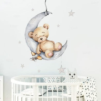 Teddy Bear Sleeping on The Moon and Star Wall Sticker for Kids Room Baby Room Nursery Interior Wall Decorative Kids Wall Sticker