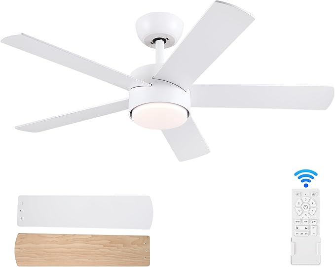 42 inch White Ceiling Fan with Lights and Remote Control, Dimmable Ceiling Fans with Lights,3-Color, Quiet Reversible 6-Speed, Wood Modern Ceiling Fan for Bedroom, Living Room, Dining Room