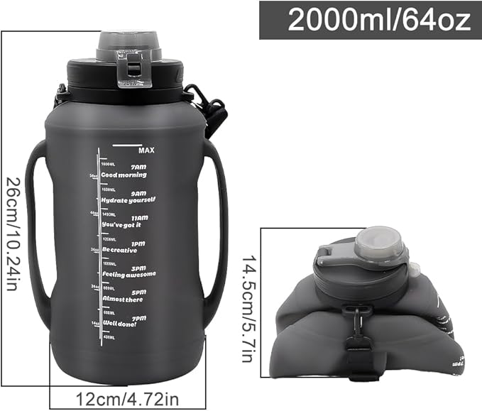 64oz Foldable Silicone Water Cups with Straw, BPA Free, for Outdoor Sports Water Bottle (Black)