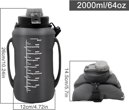 64oz Foldable Silicone Water Cups with Straw, BPA Free, for Outdoor Sports Water Bottle (Black)