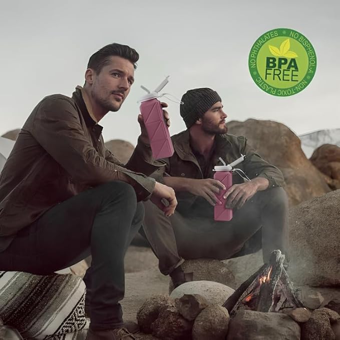 620ml Silicone Foldable Water Bottle with Straw Lid - Lightweight, Reusable, & Leakproof for Travel, Camping, Hiking, & Sports (PINK)