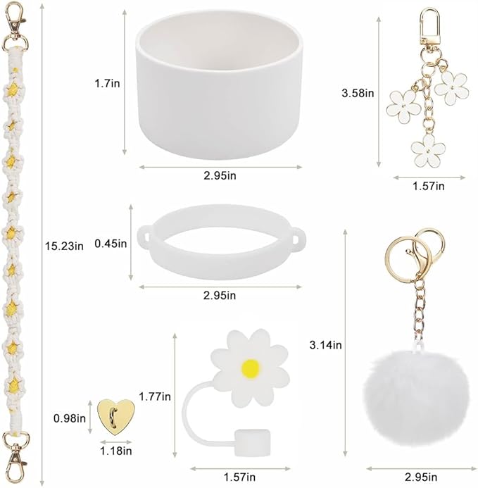 7PCS Water Bottle Cup Accessories Set for Stanley Cup 40oz & 30oz Tumbler, Including Water Bottle Handle Strap, Silicone Cup Boot, Silicone Straw Cover, Keychain Charms(White)