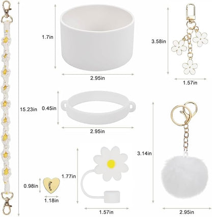 7PCS Water Bottle Cup Accessories Set for Stanley Cup 40oz & 30oz Tumbler, Including Water Bottle Handle Strap, Silicone Cup Boot, Silicone Straw Cover, Keychain Charms(White)