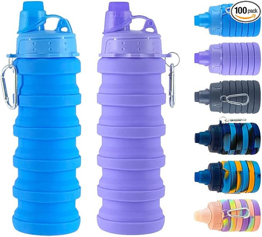 Collapsible Water Bottles 2 pack Travel Water Bottle Portable Hiking Water Bottle with Leak proof 500ML Reusable BPA Free Silicone Water Bottles. (Blue+Purple)