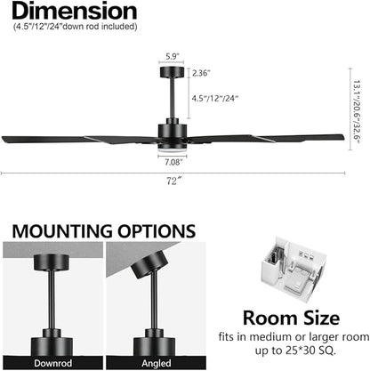 72" Ceiling Fan with Lights and Remote Control, Wood 8 Blades 6-Speed Noiseless Reversible DC Motor, 3 Downrods, Modern Large Ceiling fan for Covered Patio Bedroom Dining Living Room, Black