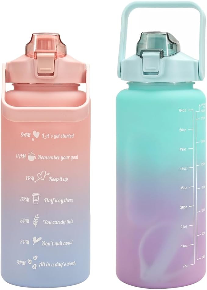 3 in 1 Set Sport Motivational Gradient With Straw Time Marker 64 oz Gradient Color 3 in 1 Set Gym water bottle blue