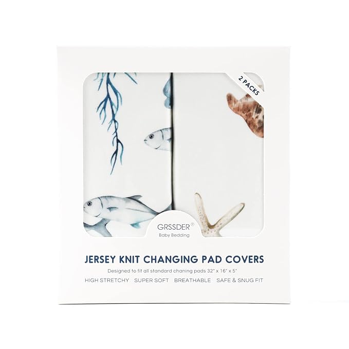 GRSSDER Stretch Ultra Soft Jersey Knit Changing Pad Cover Set 2 Pack,Change Table Pad Covers Fit 32"/34" x 16" Pads Safe and Snug,Stylish Cute Whale Sea Worl for Baby