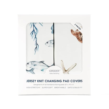 GRSSDER Stretch Ultra Soft Jersey Knit Changing Pad Cover Set 2 Pack,Change Table Pad Covers Fit 32"/34" x 16" Pads Safe and Snug,Stylish Cute Whale Sea Worl for Baby