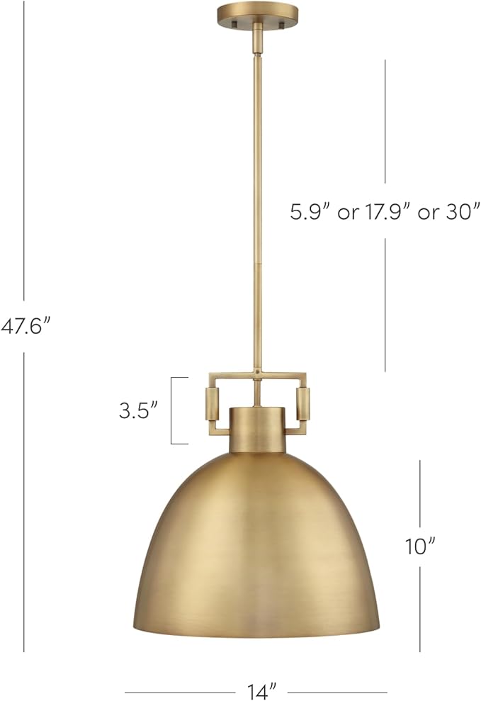 Nathan James Leigh Pendant Lighting, Hanging Ceiling Light with Oversized Metal Shade and Adjustable Cord, for Kitchen Island or Entryway, Antiqued Brass, Set of 2