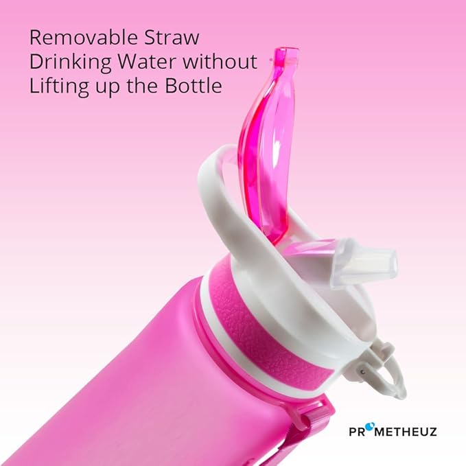 PROMETHEUZ Sports Water Intake Reminder Bottle with Time Marker and Straw, Leakproof Tritan BPA-Free, Fast Flow, Pink Yellow Mint, 32 oz