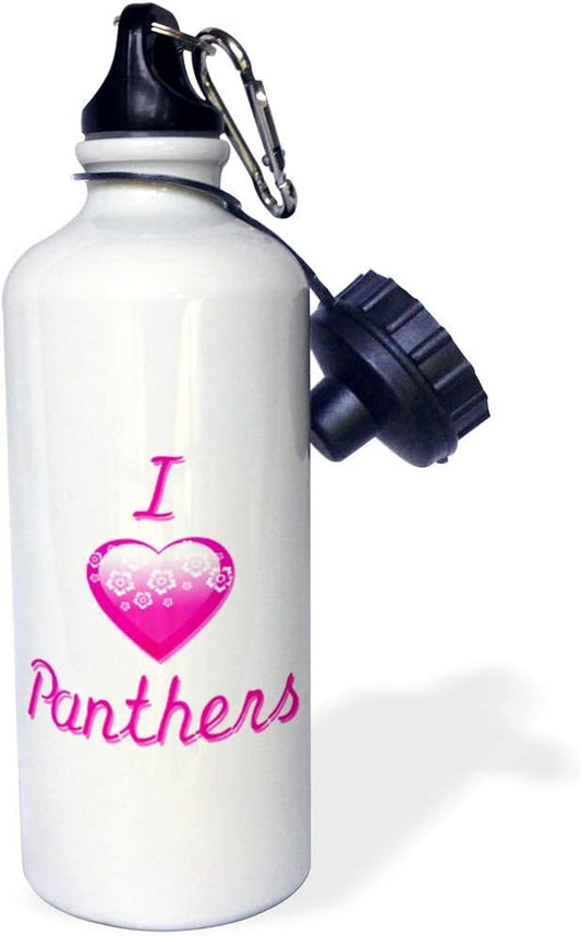 3dRose "Pretty Pink Flowery I Love Panthers" Sports Water Bottle, 21 oz, White