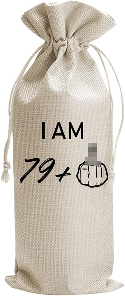 79 + 1 Middle Finger 80th Birthday Gift Wine Bags, Personalized Bday Gift Ideas for Men Women, 80th Birthday Party Decorations, Cotton Burlap Drawstring Wine Bag, Funny Gifts for Mom Dad Friends