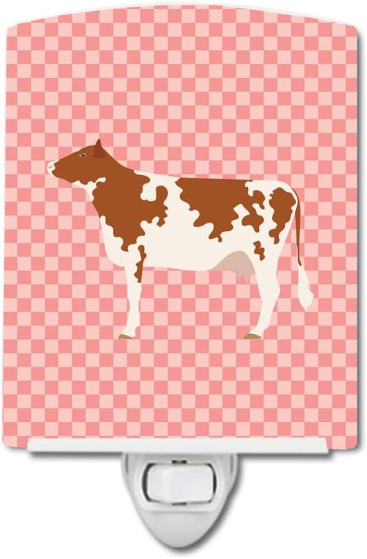 Caroline's Treasures BB7827CNL Ayrshire Cow Pink Check Ceramic Night Light Compact, UL-Certified, Ideal for Bedroom, Bathroom, Nursery, Hallway, Kitchen, 6x4x3, Multicolor