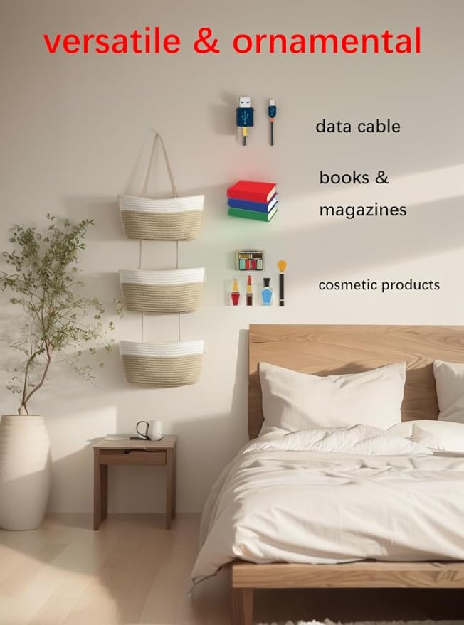 Hanging Baskets for Organizing,Bathroom Organizers and Storage,3-Tier Woven Cotton Wall-Mounted Storage Organizer Bag Decorative,Kitchen,Living Room,Bedroom,Nursery