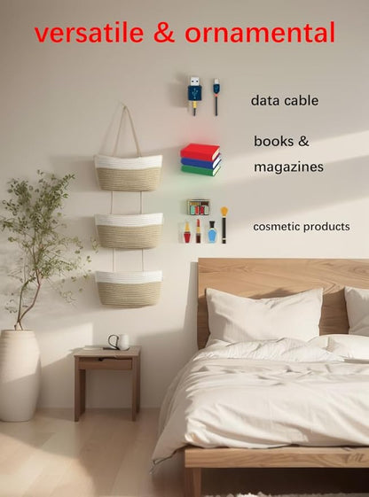 Hanging Baskets for Organizing,Bathroom Organizers and Storage,3-Tier Woven Cotton Wall-Mounted Storage Organizer Bag Decorative,Kitchen,Living Room,Bedroom,Nursery