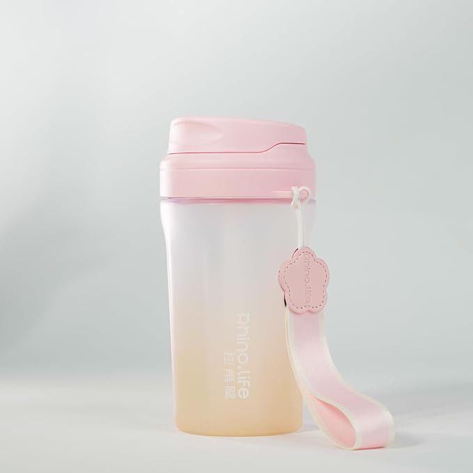 RhinoLife Premium Quality Motivational Pink Small Tiny Water Bottle with Double Drink Straw Lid, Shaker Gym Sports, BPA Free Tritan Plastic 18OZ (Fluorite Pink)