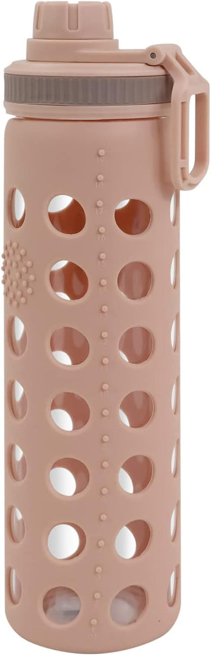 Modern-Depo 20oz Clear Glass Water Bottles Extra Lid Odor Proof and Stain Resistant Wide Mouth Reusable Fitness Sports Bottle with Sleeve, Motivational Water Jug, Khaki