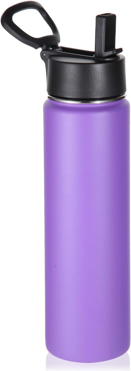 Volhoply 24 Ounce Insulated Water Bottle With Straw Lid,Stainless Steel Wide Mouth Sport Bottles With Handle,Double Wall Vacuum Thermos keep Cold,Reusable Travel Thermal Cups For Holder,Gym(Purple,1)