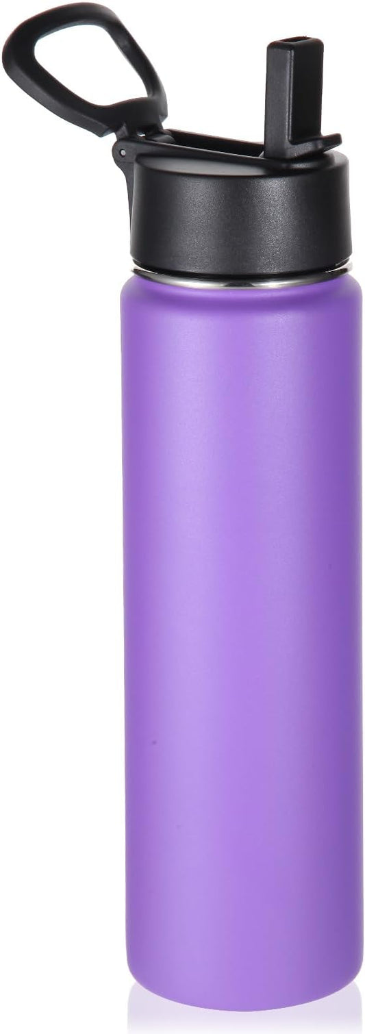 Volhoply 24 Ounce Insulated Water Bottle With Straw Lid,Stainless Steel Wide Mouth Sport Bottles With Handle,Double Wall Vacuum Thermos keep Cold,Reusable Travel Thermal Cups For Holder,Gym(Purple,1)